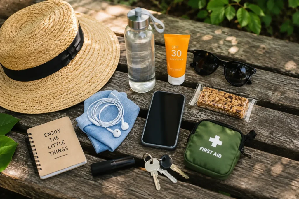 10 Things I Always Carry on a Summer Walk Summer walking essentials including water, hat, sunglasses and a light daypack