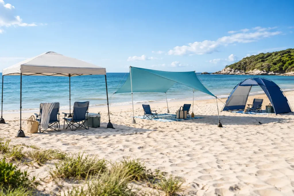 Best Beach Canopies for Comfortable Shade by the Water Three portable beach shade canopies securely anchored on an open sandy shoreline