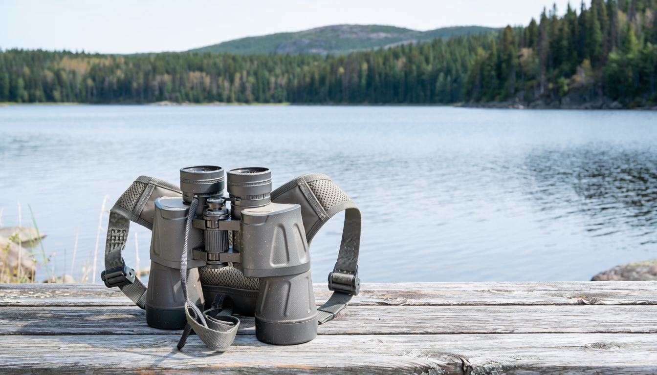 Binocular chest harness and binoculars overlooking a forest lake