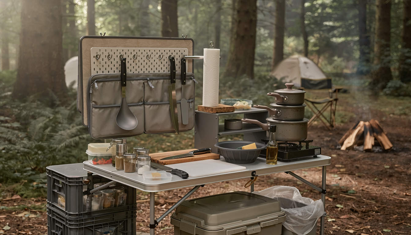 Organized portable camp kitchen station at a forest campsite