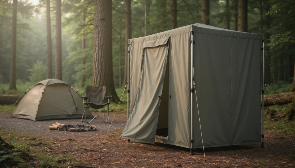 Freestanding camping privacy tent at a quiet forest campsite