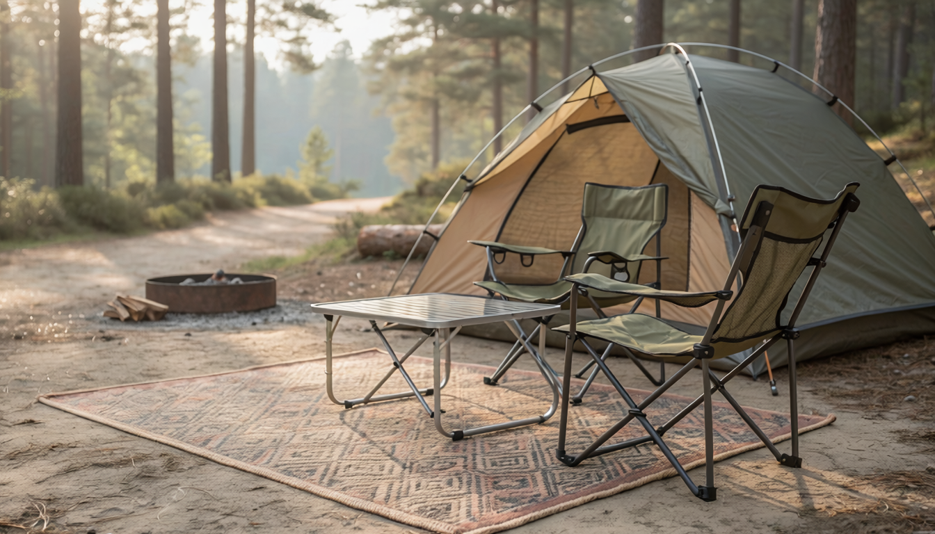 Best Camping Rugs and Outdoor Mats for Cleaner Campsites Large woven outdoor camping rug under chairs beside a tent