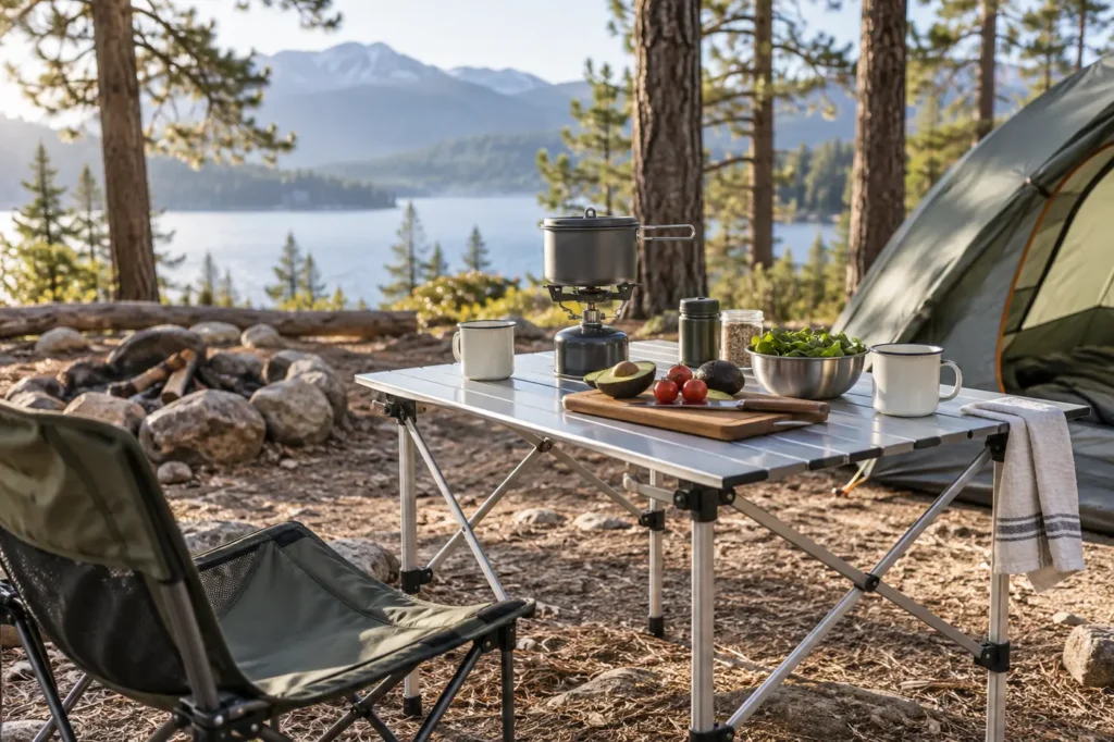 Best Compact Camp Tables for Cooking and Campsite Meals Compact folding aluminum camp table set for cooking and meals beside a tent at a mountain lake campsite