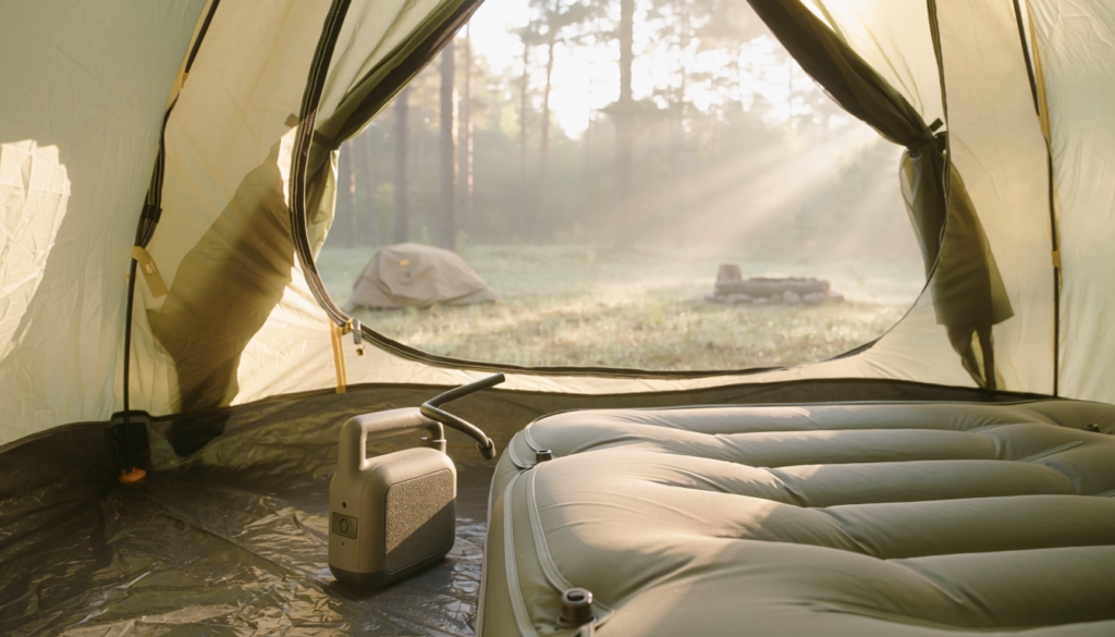 Best Electric Air Pumps for Camping Mattresses and Inflatables Compact rechargeable electric air pump beside an inflatable camping mattress in a tent