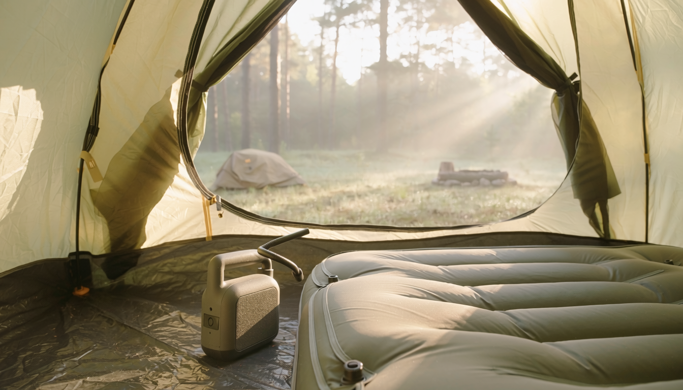 Best Electric Air Pumps for Camping Mattresses and Inflatables Compact rechargeable electric air pump beside an inflatable camping mattress in a tent