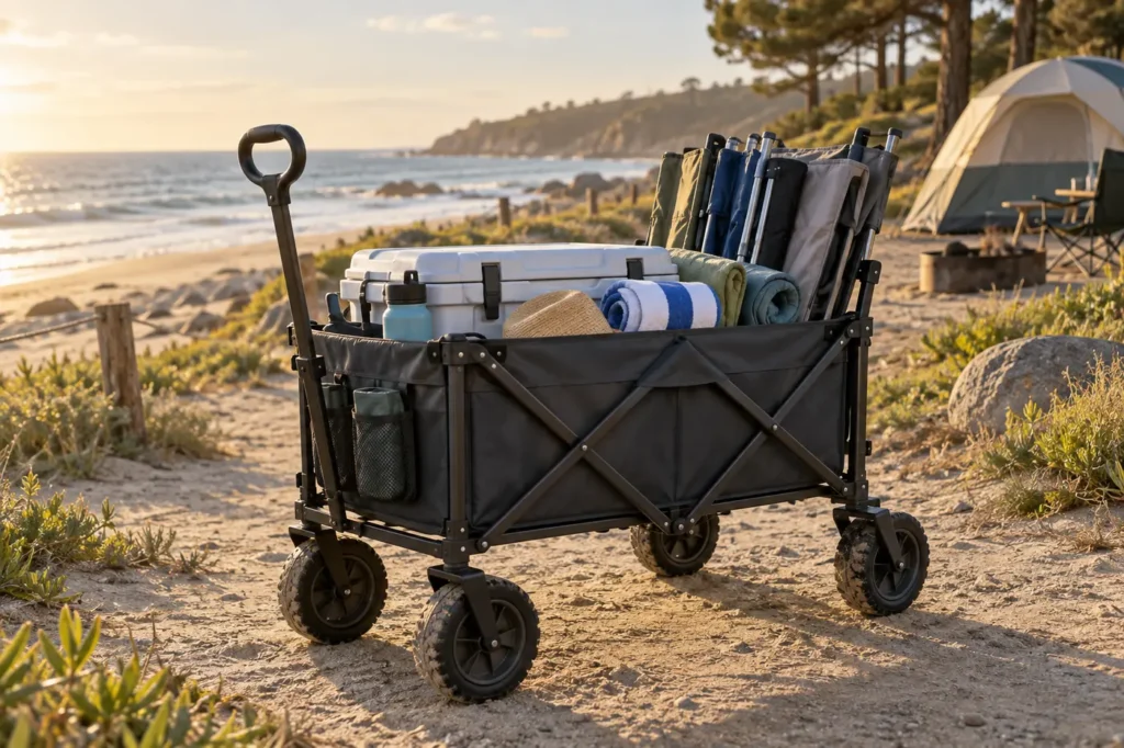 Best Folding Wagons for Beach Trips, Camping and Outdoor Events Unbranded folding utility wagon loaded with chairs, towels and a cooler on a sandy path between a beach and campsite