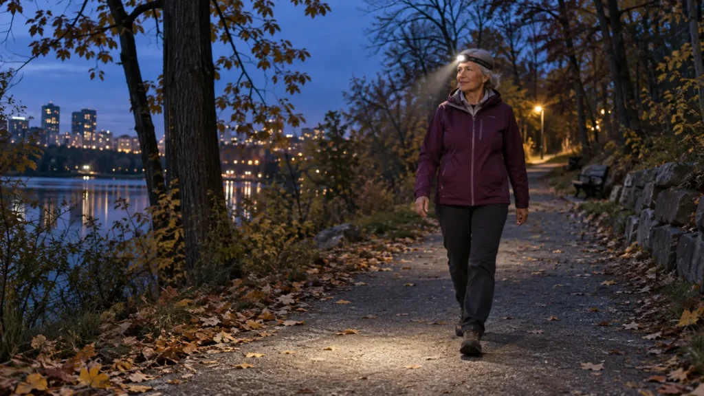 Best Headlamps for Walking After Dark: Bright, Comfortable Picks Older woman wearing a headlamp while walking on an autumn park trail at dusk