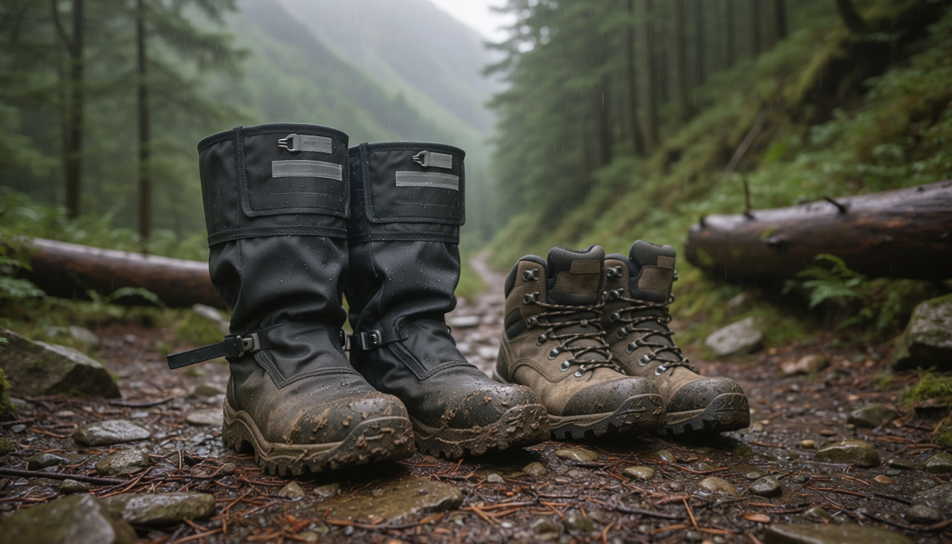 Waterproof hiking gaiters beside muddy hiking boots on a rugged trail