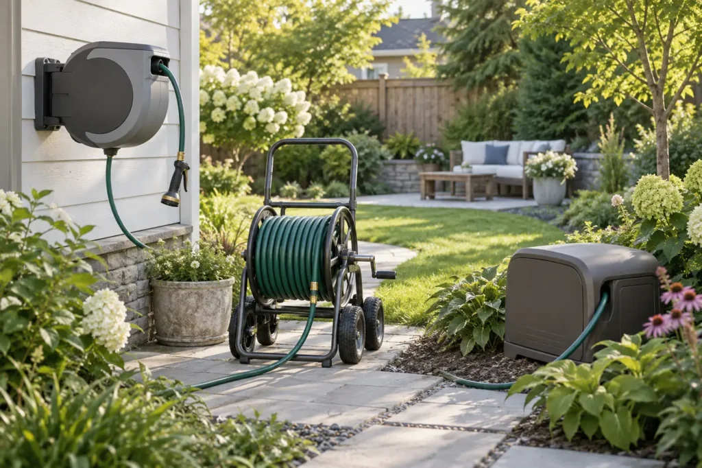 Best Hose Reels for Tidy Backyard Watering Retractable wall-mounted, cart and enclosed garden hose reels in a landscaped backyard