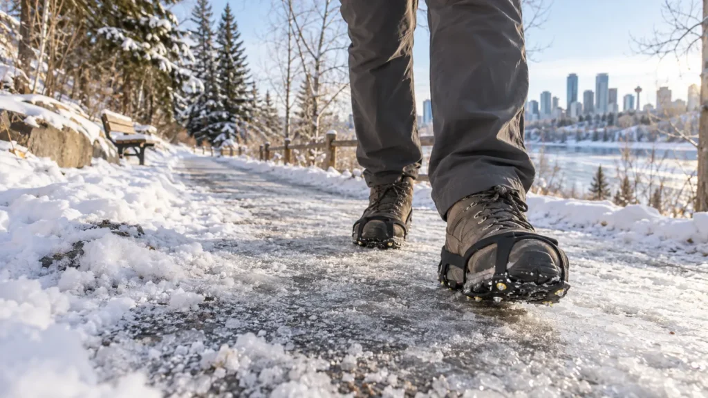 Best Ice Cleats for Walking: Safer Winter Traction Picks Older adult wearing black traction cleats while walking on an icy winter trail