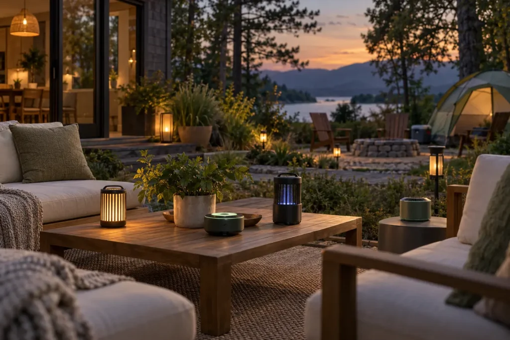 Best Mosquito Repellent Devices for Patios and Camping Unbranded mosquito repellent devices on a modern patio table beside a lakeside campsite at dusk