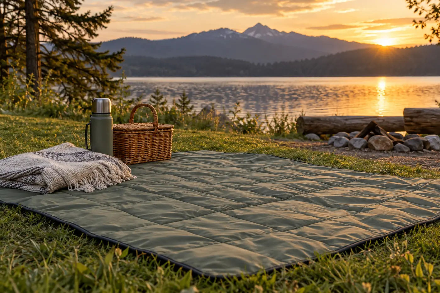 Best Outdoor Blankets for Picnics, Camping and Cold Evenings Waterproof outdoor blanket with a thermos and picnic basket beside a mountain lake at sunset