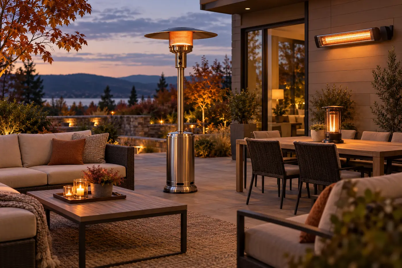 Best Patio Heaters for Cool Outdoor Evenings Freestanding, tabletop and wall-mounted patio heaters safely arranged on a modern patio during a cool autumn evening