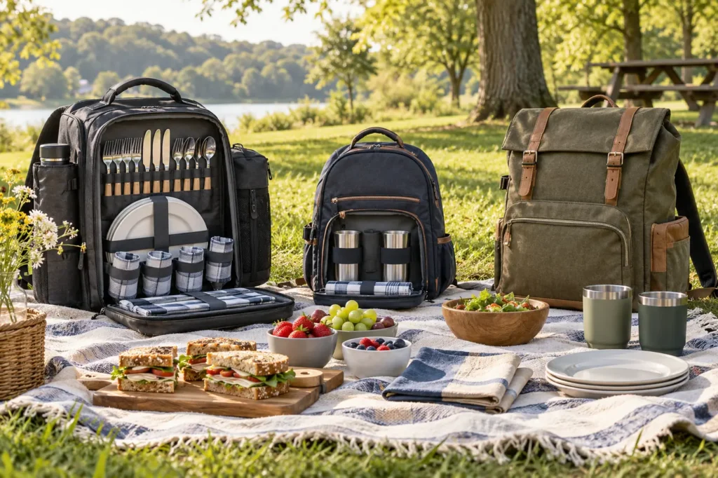 Insulated picnic backpacks with reusable tableware and food arranged on a park picnic blanket