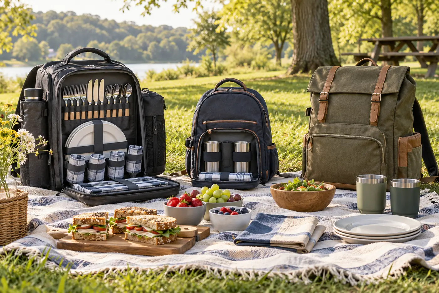 Insulated picnic backpacks with reusable tableware and food arranged on a park picnic blanket