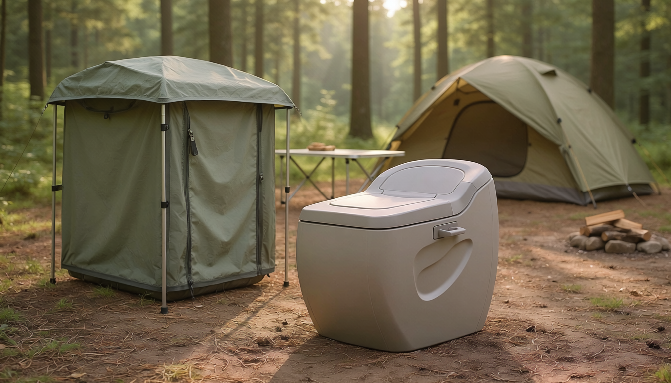 Best Portable Camping Toilets for Car Camping and Road Trips Portable camping toilet beside a privacy shelter at a forest campsite