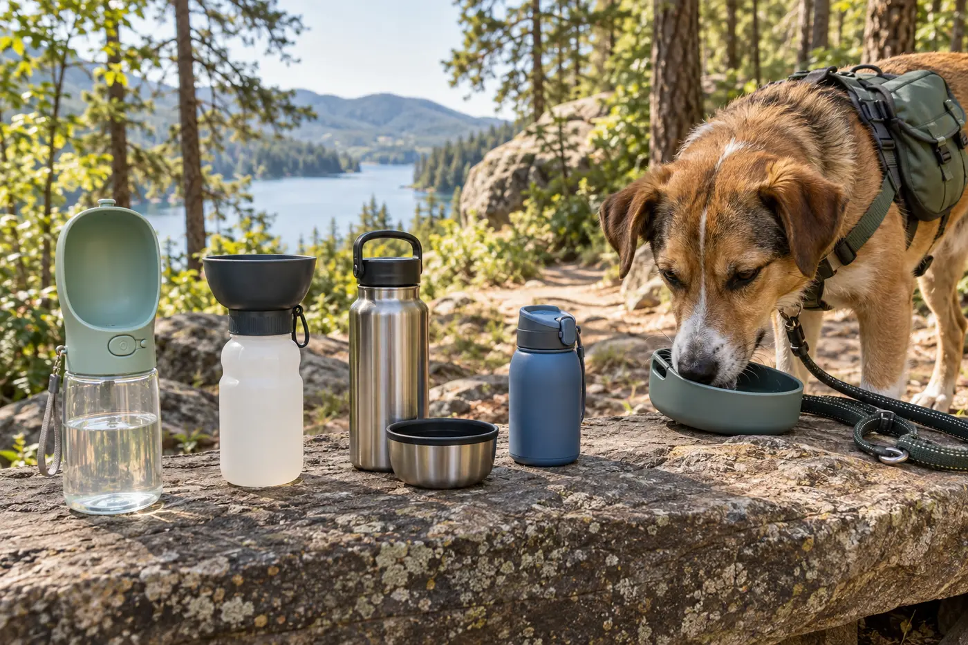 Best Portable Dog Water Bottles for Walks and Hikes Dog drinking beside four portable dog water bottles on a scenic woodland hiking trail