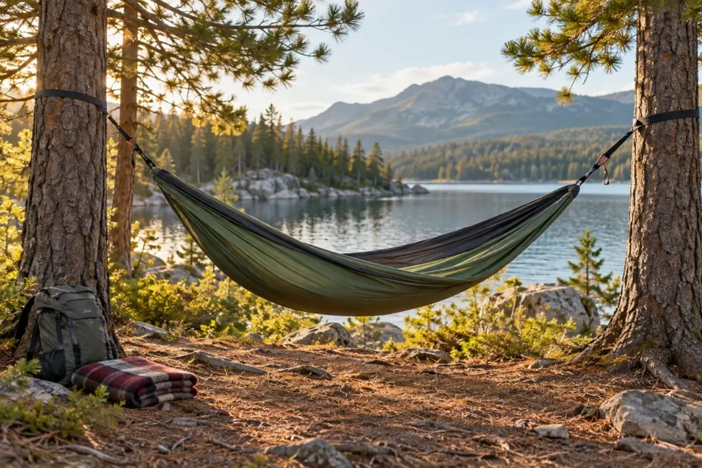 Best Portable Hammocks for Campsites and Parks Portable camping hammock hung safely with wide tree straps beside a calm mountain lake