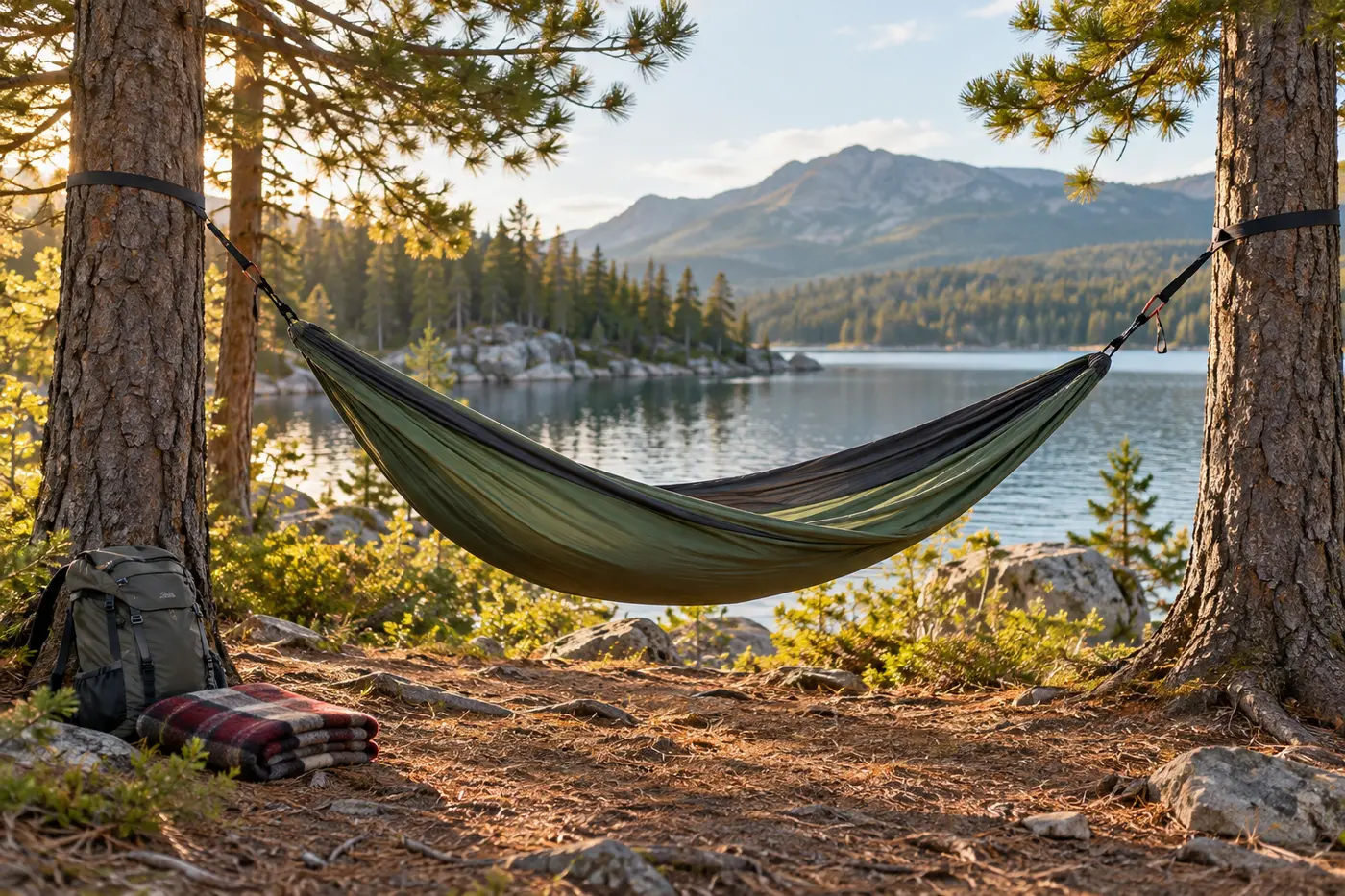 Best Portable Hammocks for Campsites and Parks Portable camping hammock hung safely with wide tree straps beside a calm mountain lake