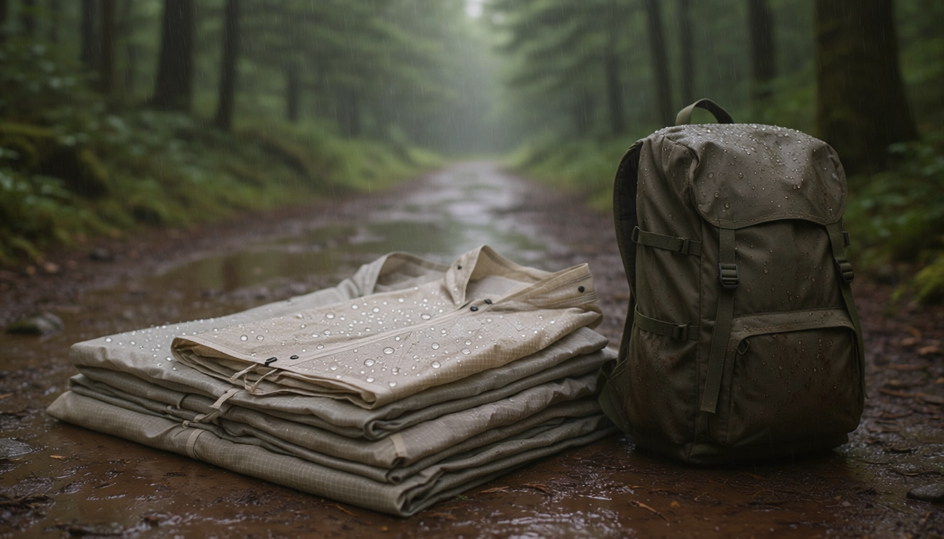 Best Rain Ponchos for Hiking, Camping and Sudden Showers Rain ponchos and a hiking backpack on a wet forest trail