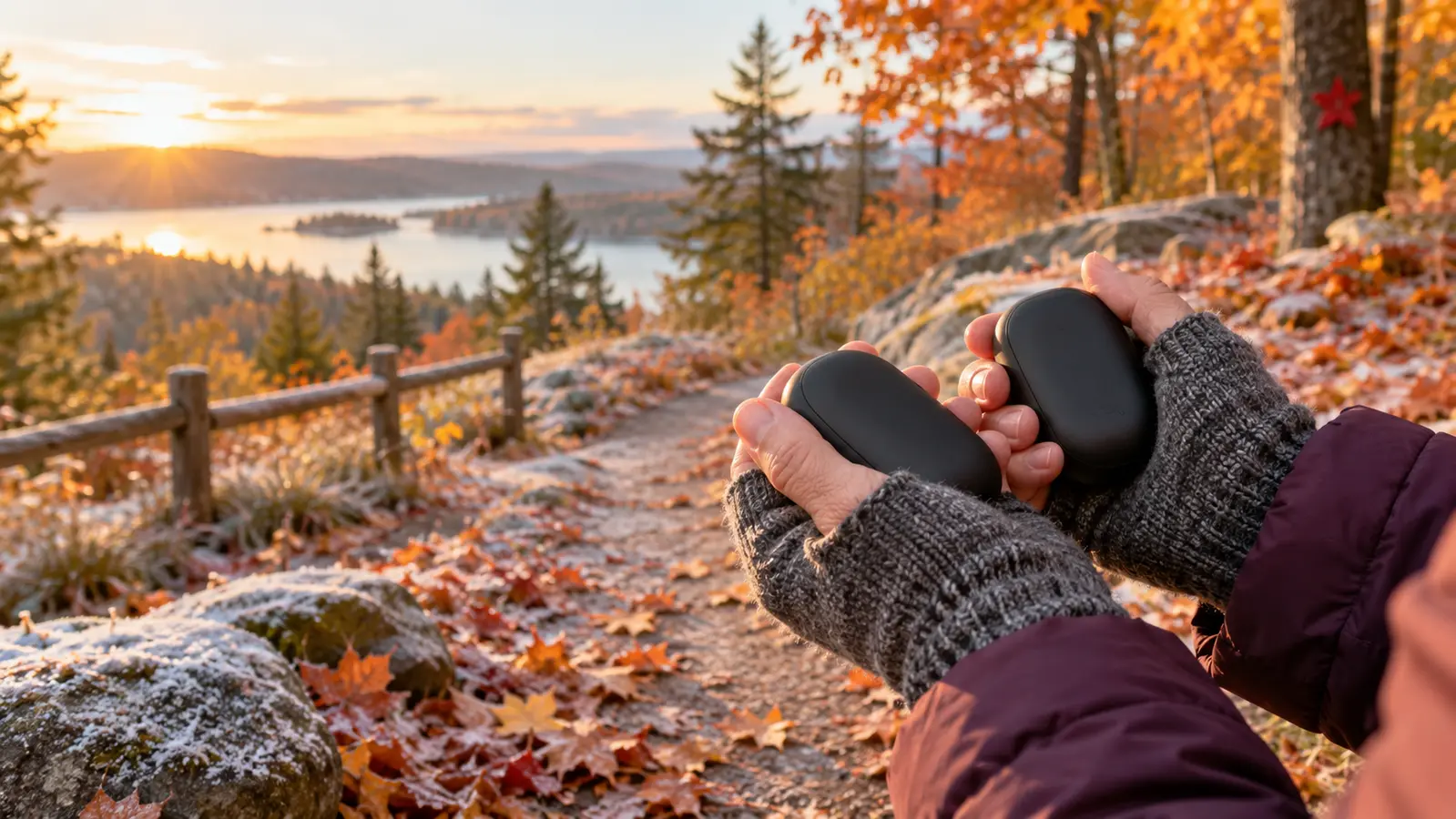 Rechargeable vs Disposable Hand Warmers for Outdoor Events Older walker holding two rechargeable hand warmers on a frosty autumn trail