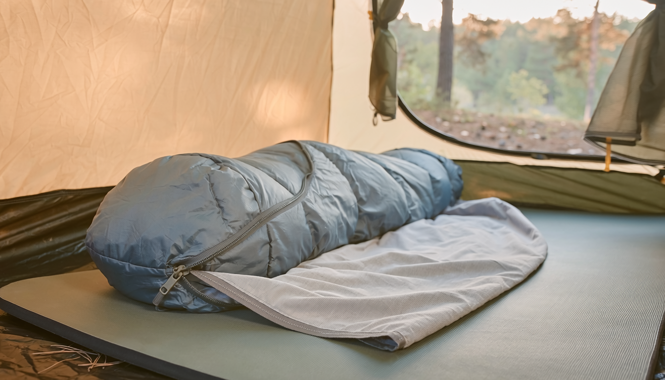 Sleeping bag liner partially pulled from a sleeping bag inside a tent
