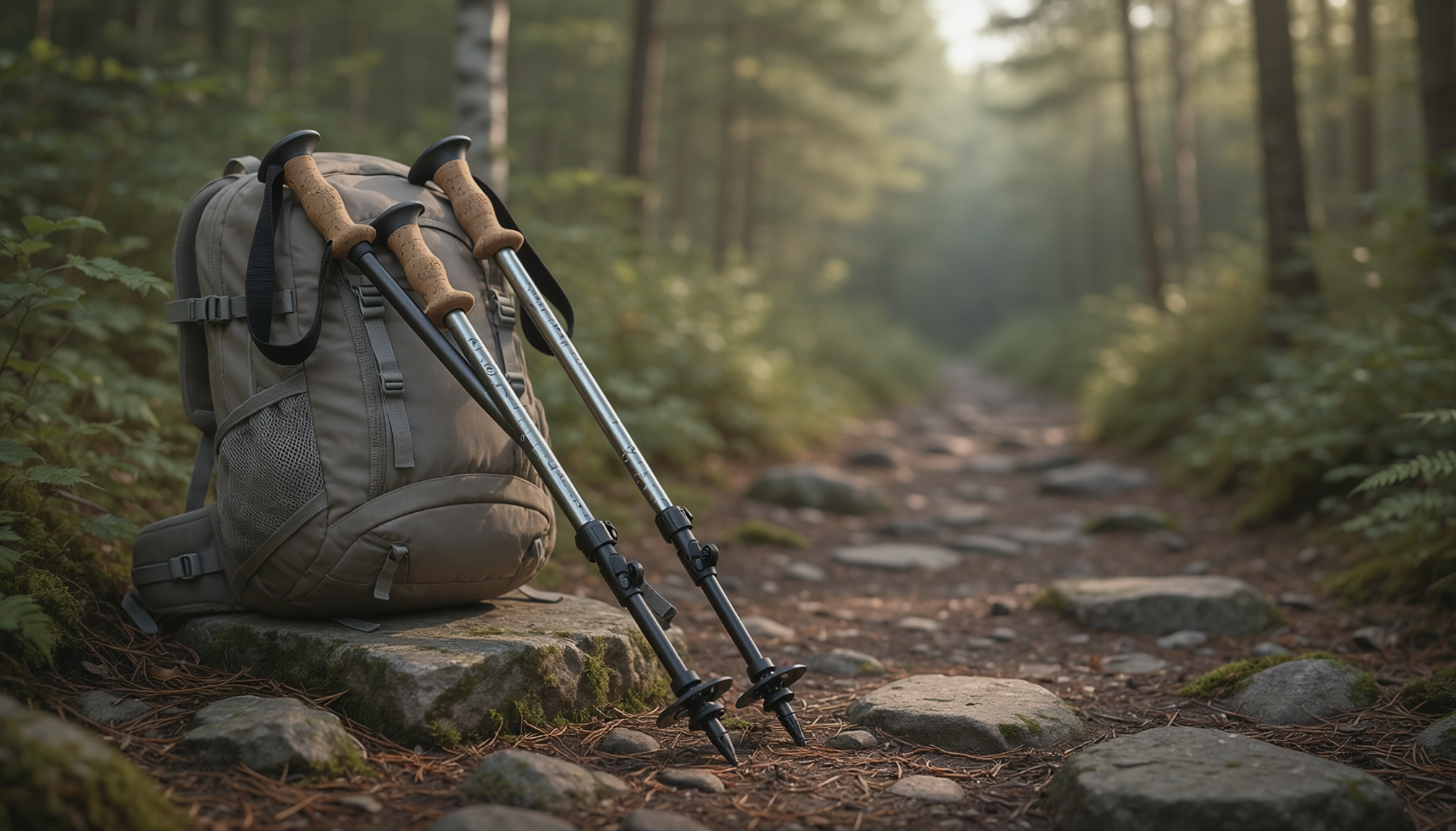 Best Trekking Poles for Hiking and Uneven Trails Trekking poles beside a hiking backpack on a rocky woodland trail