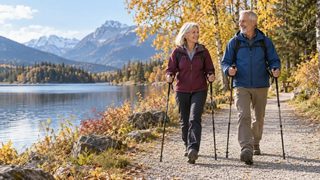 Best Walking Poles for Balance, Comfort and Everyday Walks Older couple using adjustable walking poles on an autumn lakeside trail