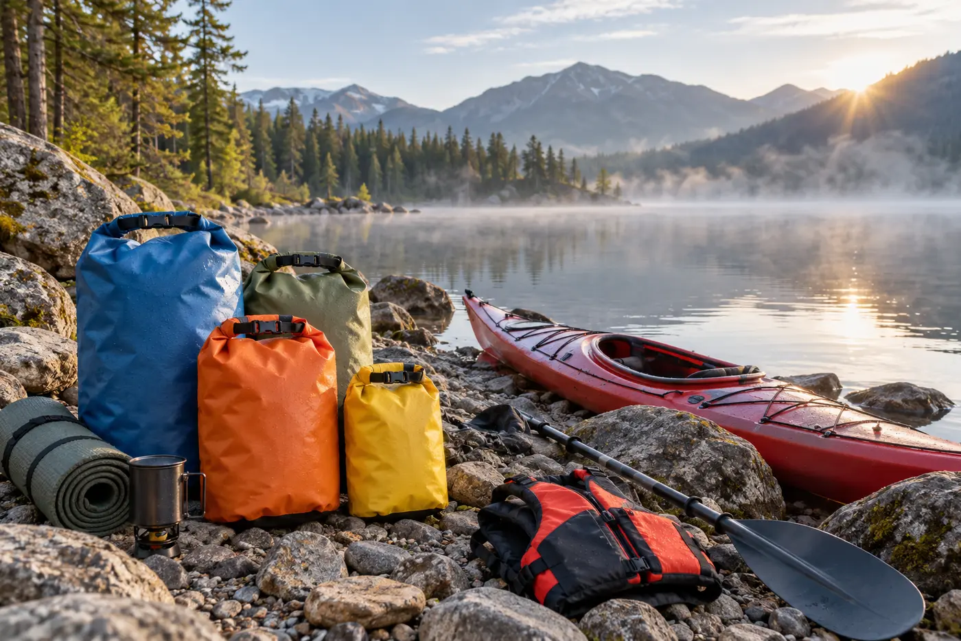 Best Waterproof Dry Bags for Kayaking, Camping and Beach Days Colorful waterproof roll-top dry bags beside a kayak on a mountain lake shore