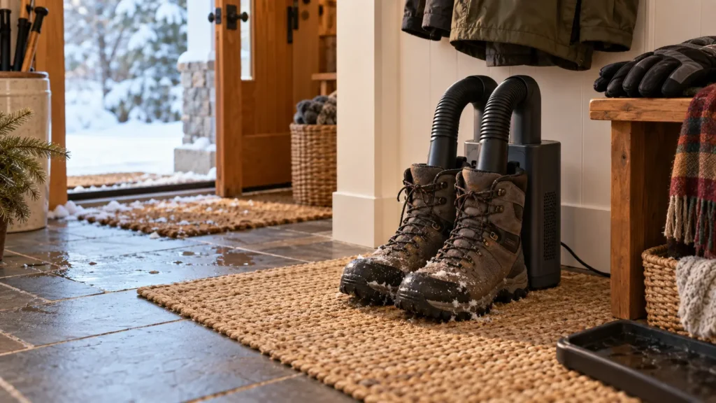 Best Boot Dryers for Wet Winter Boots and Shoes Wet winter hiking boots drying in a warm mudroom