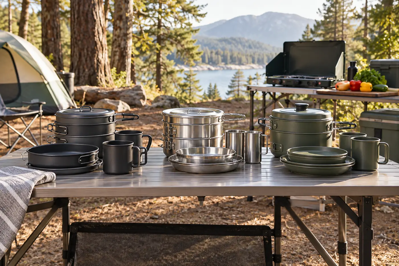 Nesting camp cookware sets with pots, pans, plates and mugs arranged on a campsite table