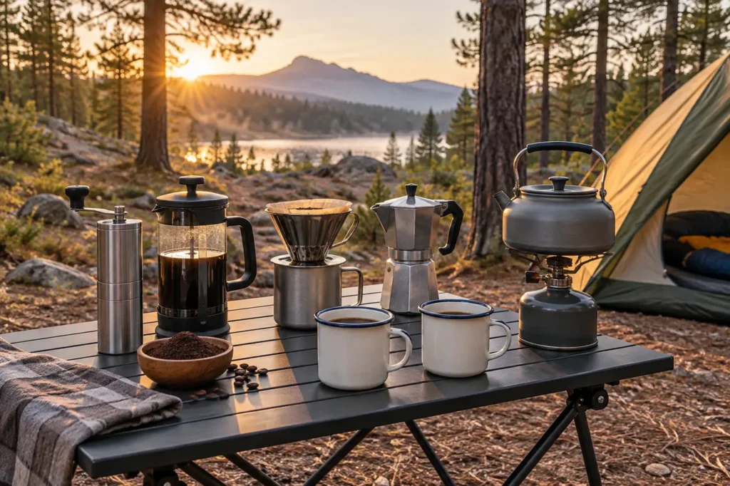 Best Camping Coffee Makers for Better Mornings Outdoors Portable coffee makers, kettle and enamel mugs arranged on a camp table at sunrise