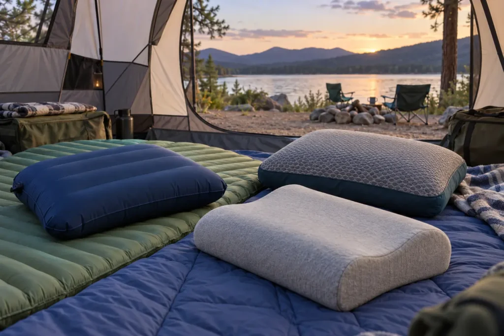 Best Camping Pillows for More Comfortable Nights Outdoors Inflatable, foam and hybrid camping pillows arranged on sleeping pads inside an open lakeside tent