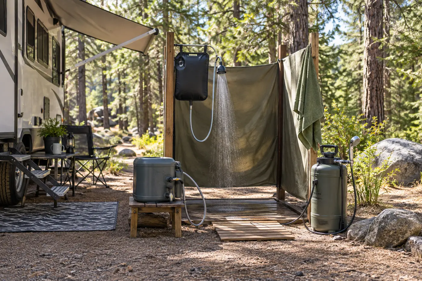 Best Portable Camping Showers for Campsites and Road Trips Portable camping shower systems arranged at a private outdoor rinse station beside an RV campsite