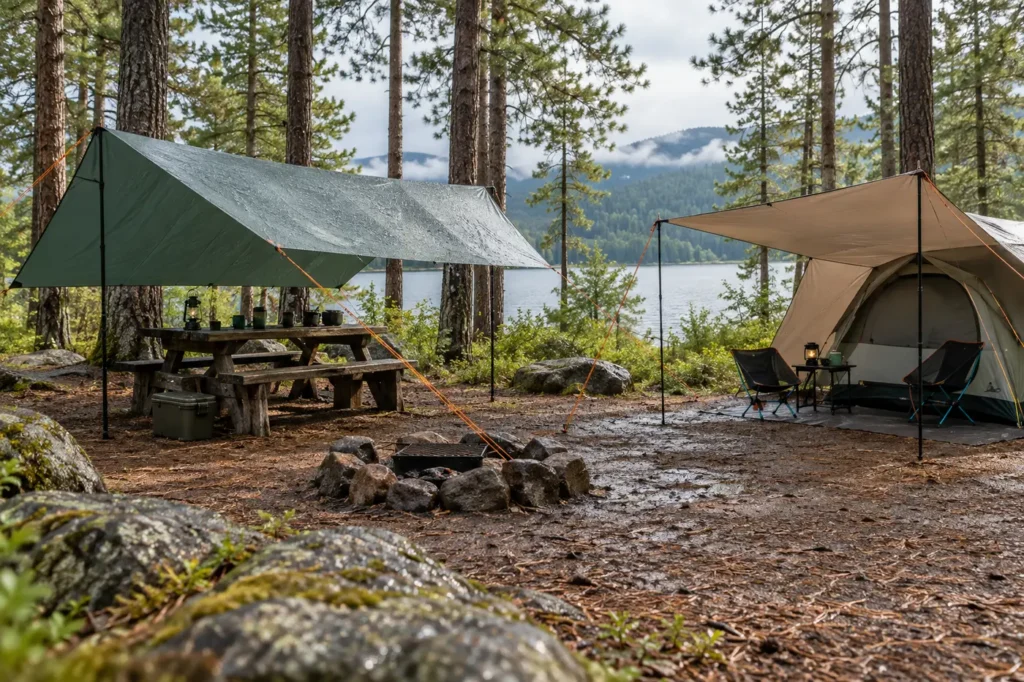 Camping tarps securely pitched over a picnic table and tent at a damp lakeside forest campsite