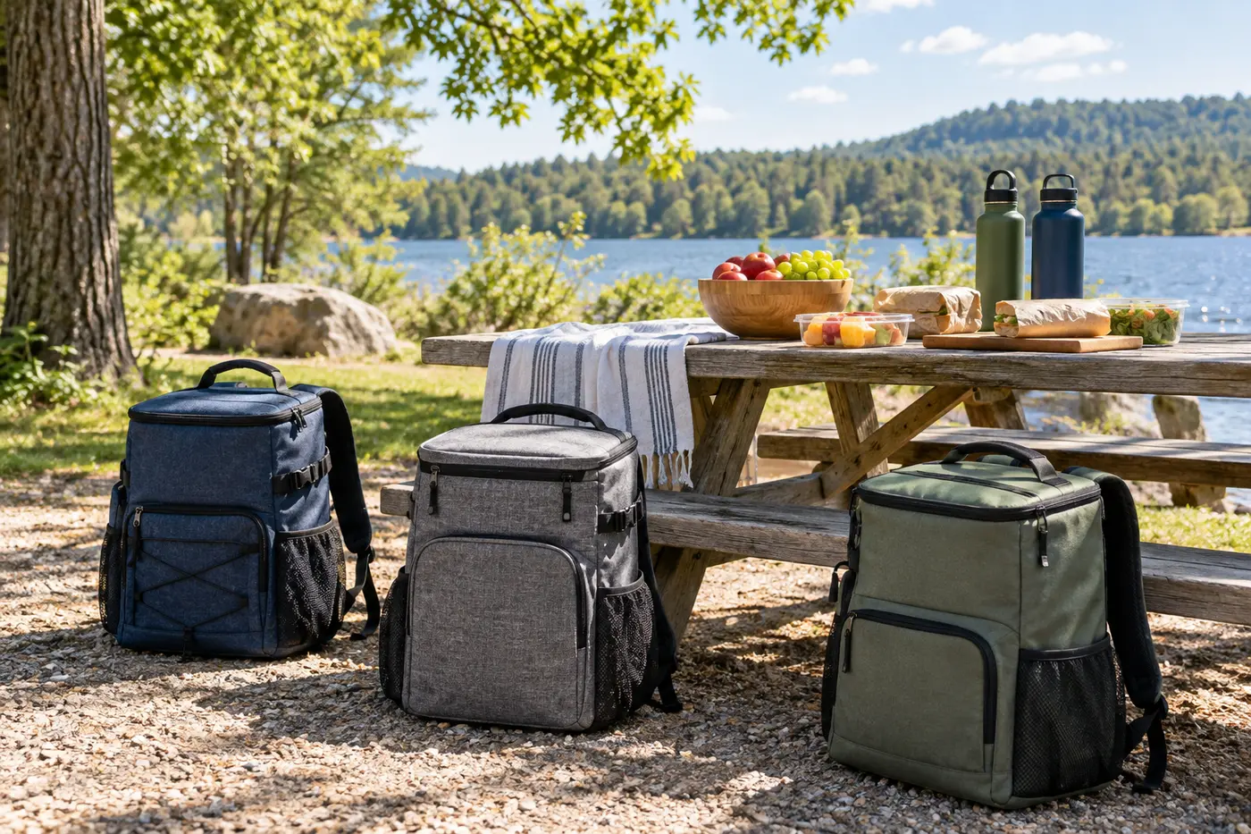 Best Cooler Backpacks for Beach Days, Picnics and Short Hikes Three insulated cooler backpacks beside a picnic table with food and reusable bottles at a lakeside park