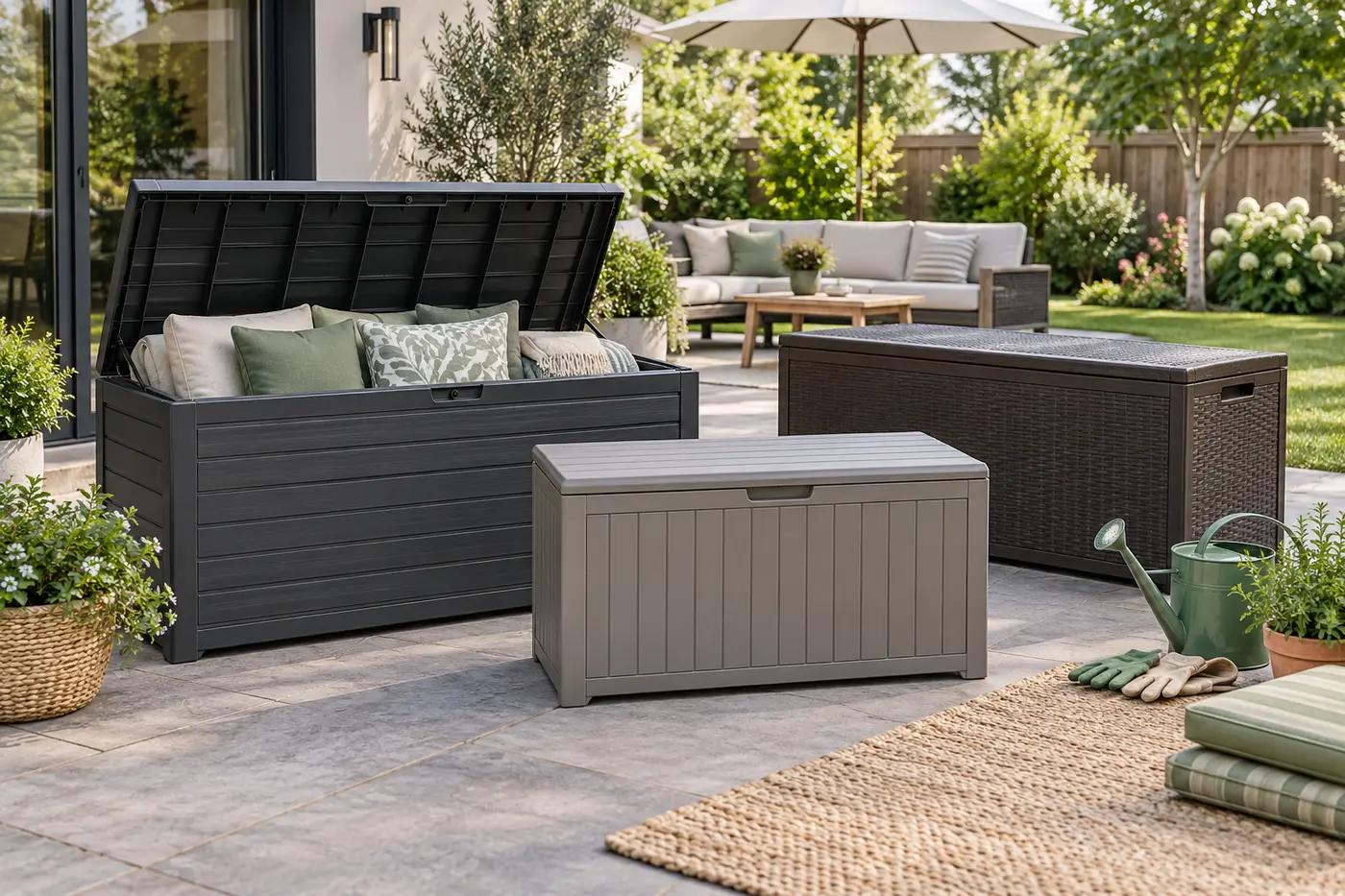 Best Outdoor Deck Boxes for Cushions, Tools and Patio Gear Modern outdoor deck storage boxes organized with patio cushions and garden tools in a landscaped backyard