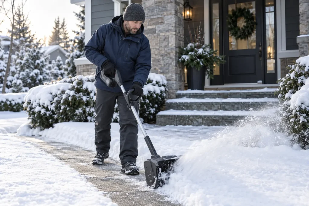 Best Electric Snow Shovels for Decks, Steps and Walkways Person using a cordless electric snow shovel to clear a residential walkway