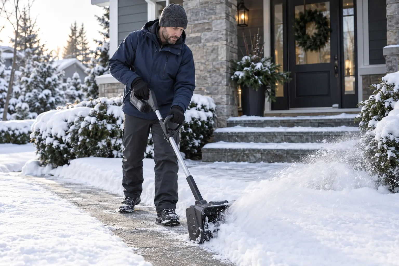 Best Electric Snow Shovels for Decks, Steps and Walkways Person using a cordless electric snow shovel to clear a residential walkway