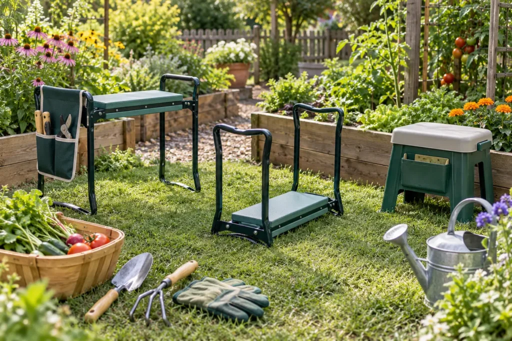 Best Garden Kneelers and Seats for Comfortable Yard Work Folding garden kneelers and seats arranged beside raised beds with hand tools in a backyard garden
