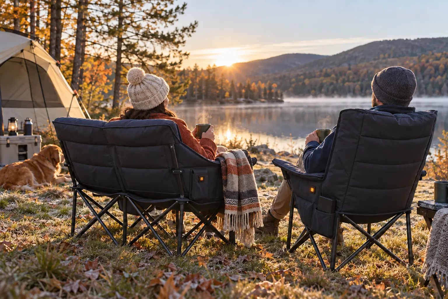 Best Heated Camping Chairs for Cold-Weather Comfort Two adults relaxing in heated camping chairs beside a lake on a frosty autumn morning