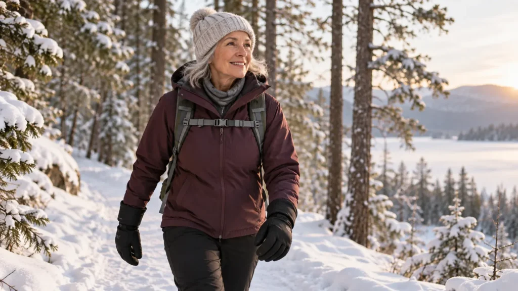 Best Heated Gloves for Walking and Outdoor Chores Older woman wearing heated gloves on a snowy woodland walk