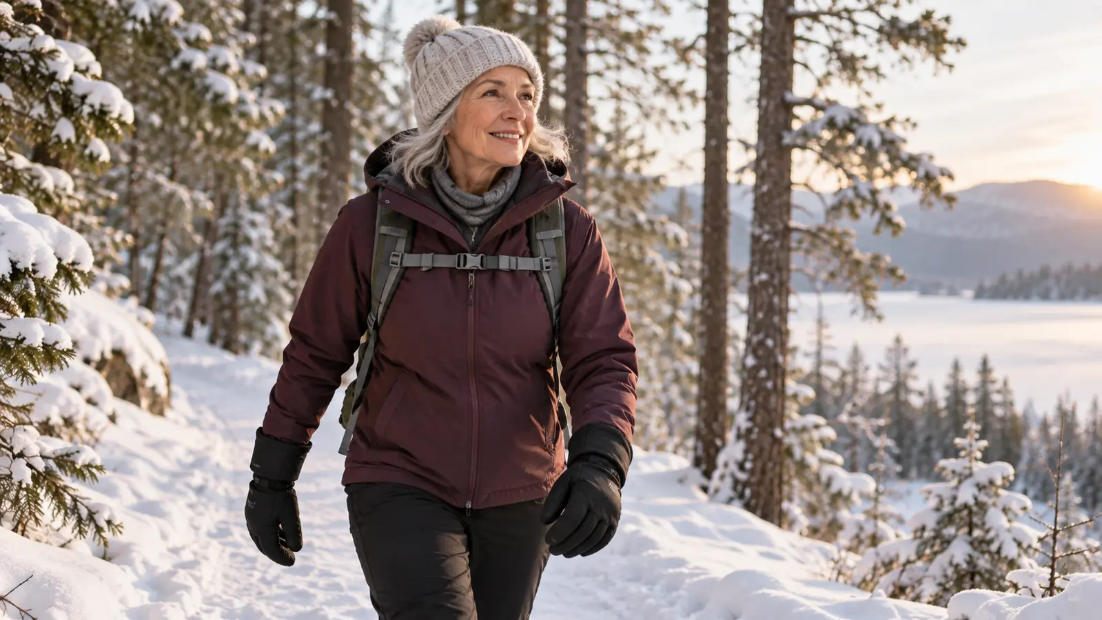 Heated Gloves vs Heated Mittens: Which Is Better for Winter Walks? Older woman wearing heated gloves on a snowy woodland walk
