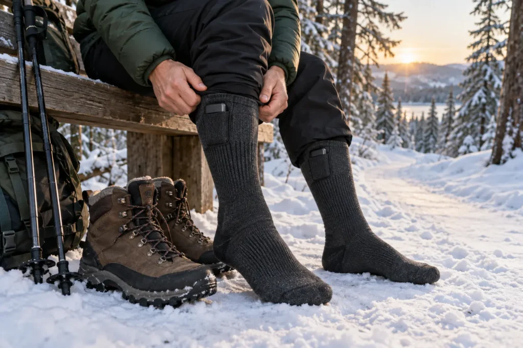 Best Heated Socks for Winter Walking: Rechargeable Picks for Cold Feet Hiker wearing rechargeable heated socks beside winter boots on a snowy trail