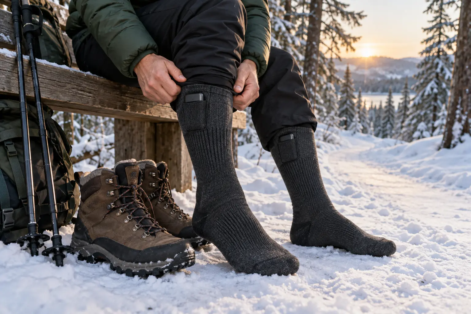 Best Heated Socks for Winter Walking: Rechargeable Picks for Cold Feet Hiker wearing rechargeable heated socks beside winter boots on a snowy trail