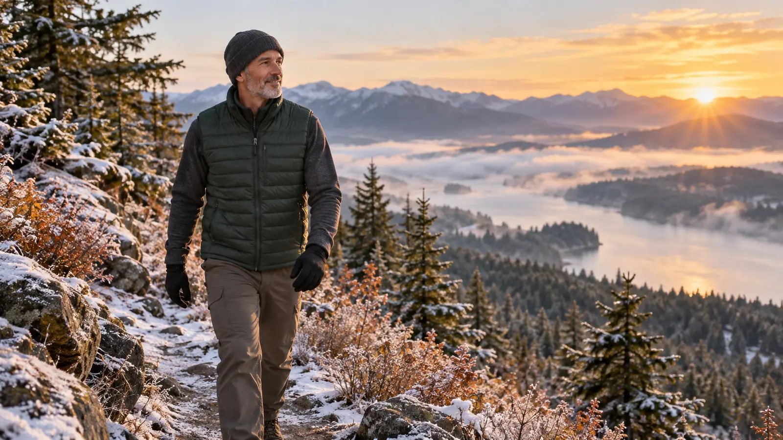 Heated Vest vs Heated Jacket for Winter Walks: Which Is Better Value? Man wearing a dark green heated vest on a frosty mountain trail at sunrise