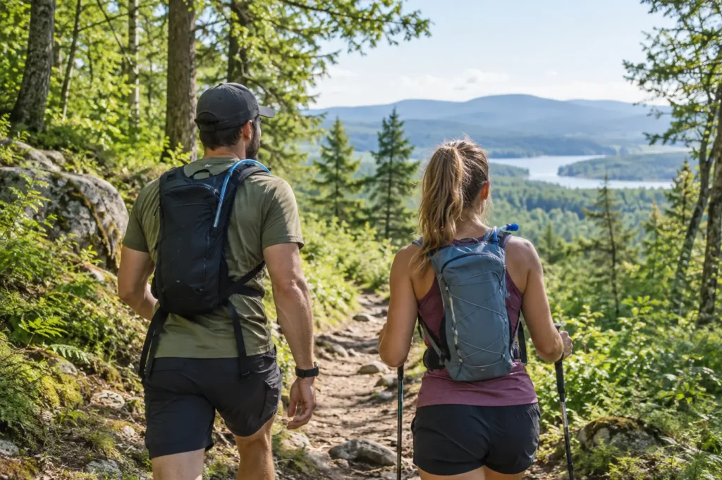 Best Hydration Packs for Hiking and Long Outdoor Walks Two hikers wearing hydration backpacks while walking on a sunny forest trail