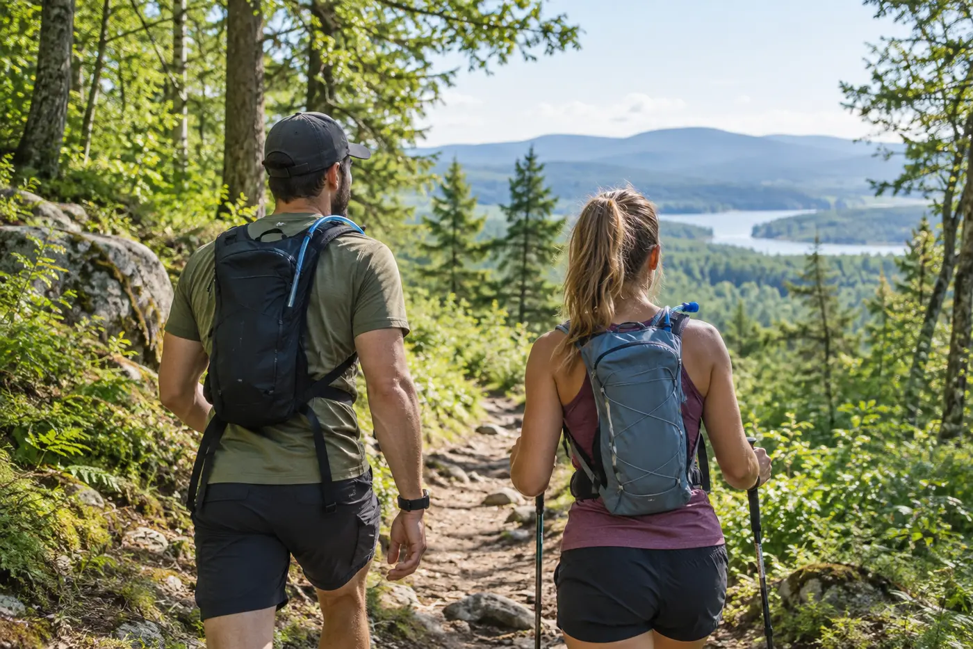 Best Hydration Packs for Hiking and Long Outdoor Walks Two hikers wearing hydration backpacks while walking on a sunny forest trail