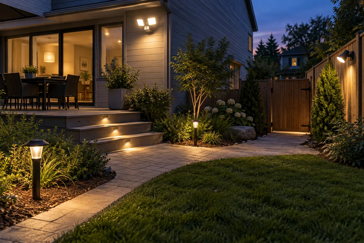 Motion-sensor outdoor lights illuminating a modern backyard patio, pathway and gate at dusk