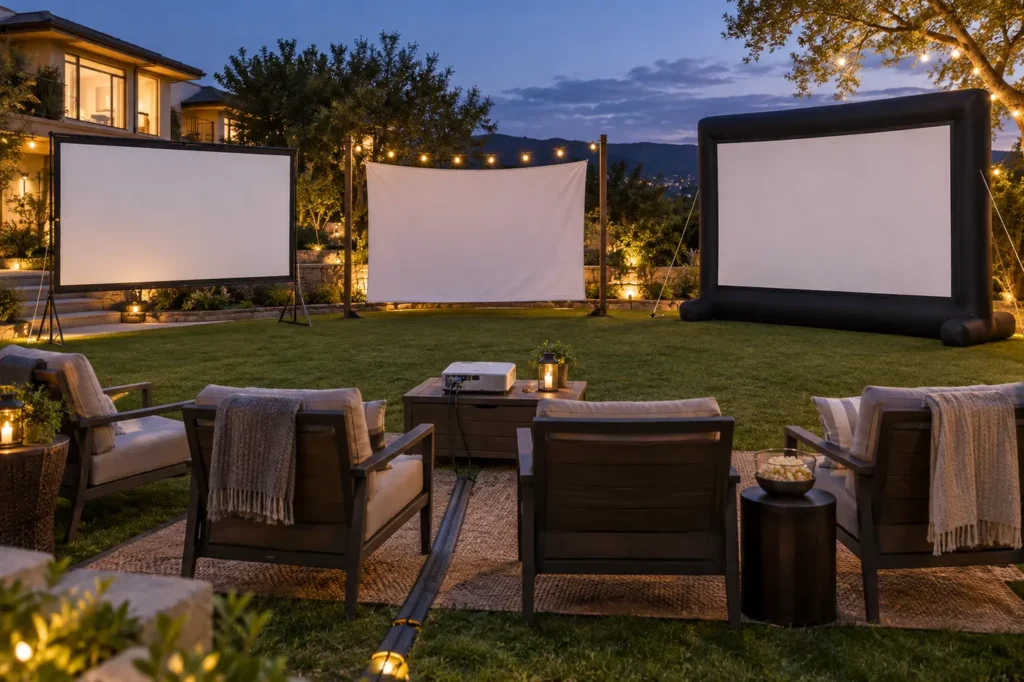Folding frame, hanging fabric and inflatable outdoor movie screens arranged in a backyard at dusk